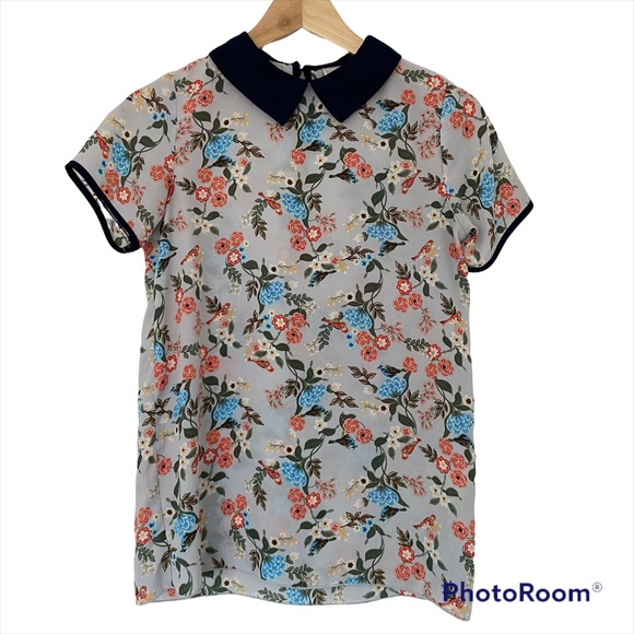 TWIK BY SIMONS BLUE/FLORAL SHORT SLEEVED BLOUSE/TOP WITH PETER PAN COLLA… - Picture 1 of 9